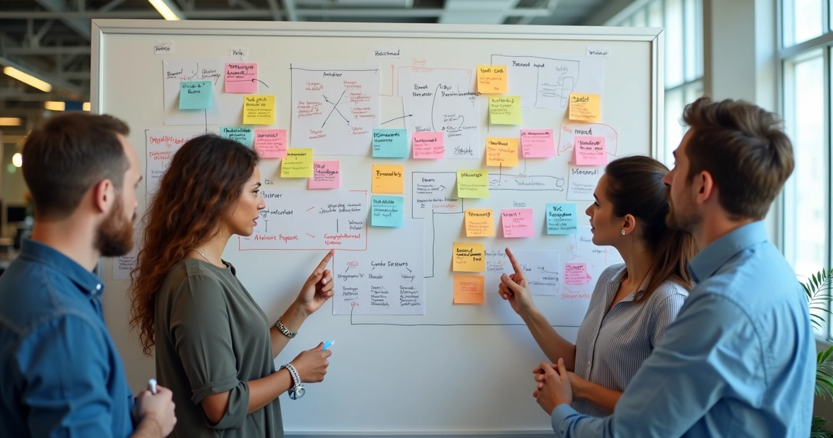 Equipo de trabajo mapeando decisiones en una pizarra 