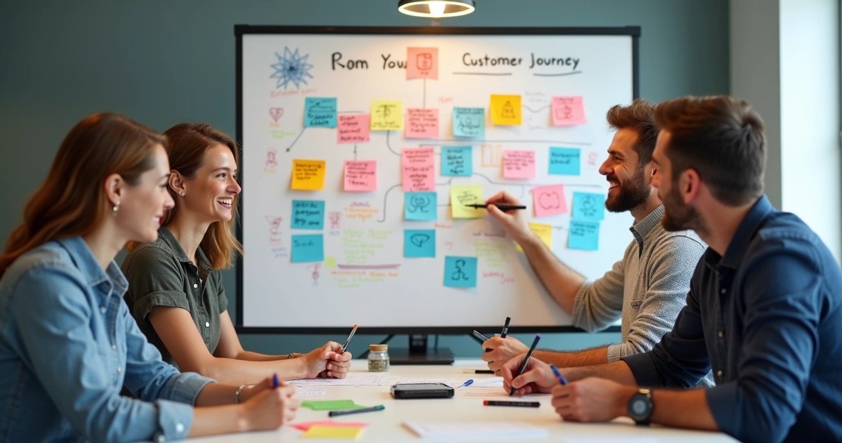 Colaboradores sentados em mesa, desenhando jornada do cliente digital em quadro branco 
