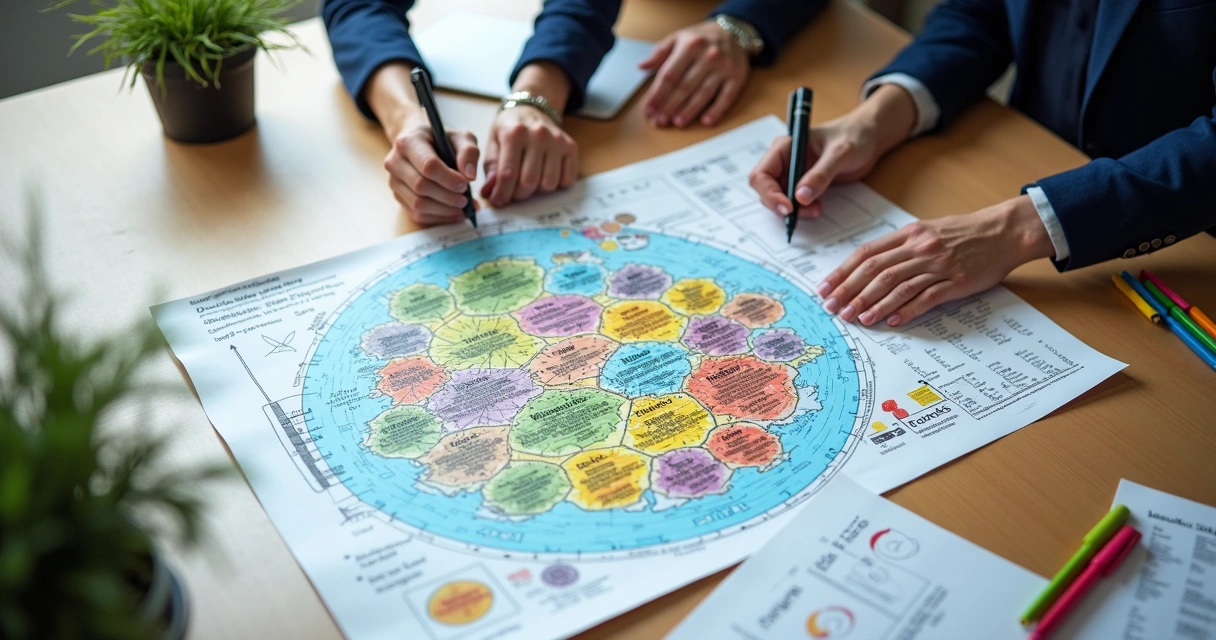 Mapa de competências com áreas de autoconhecimento, visão superior colorida de uma mesa com papéis e gráficos 