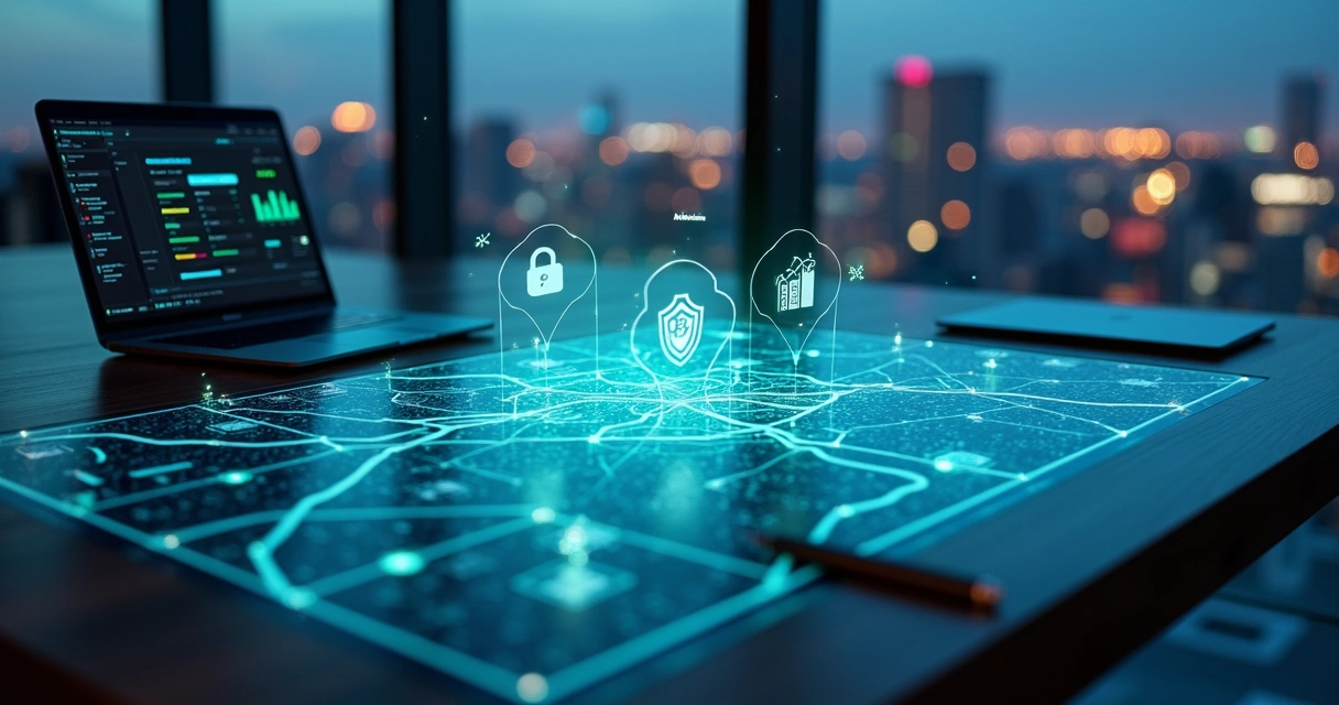 Mapa digital destacando trilhas de compliance e risco de TI em mesa de trabalho moderna 
