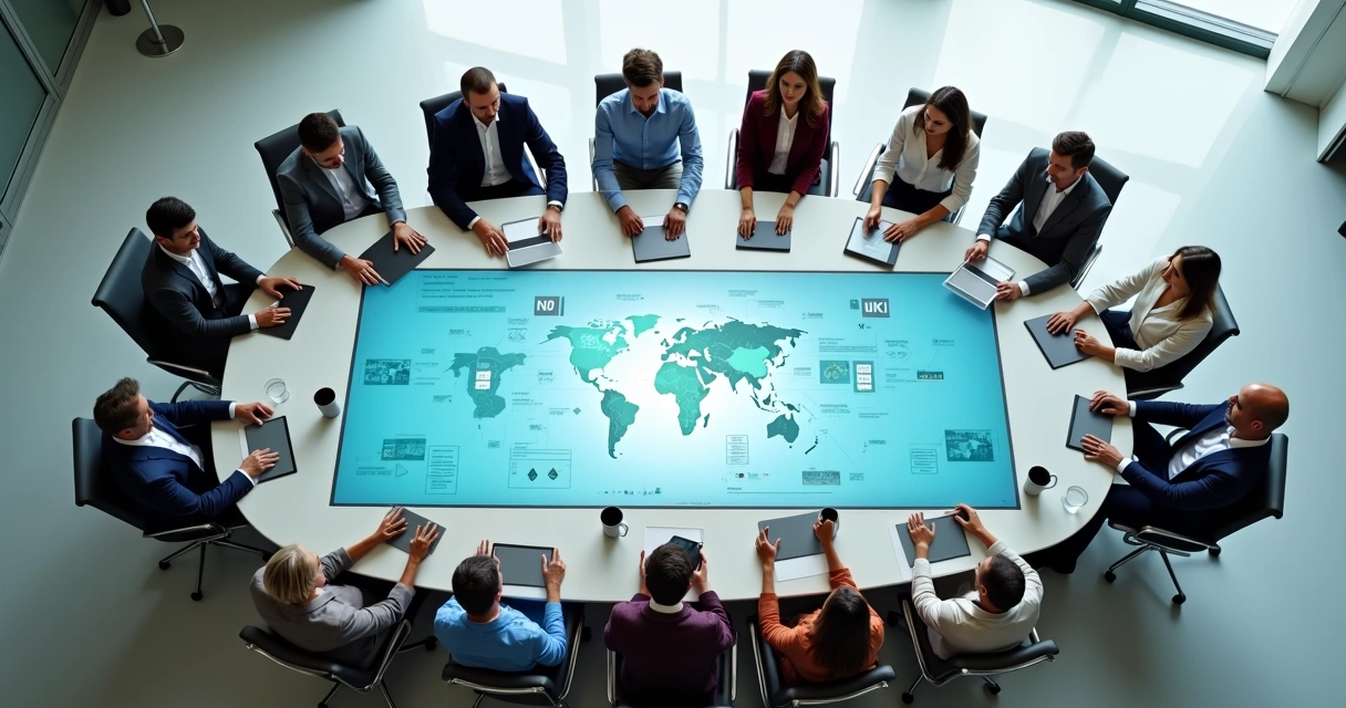 Equipe de RH reunida em torno de mesa com painel interativo de perfis comportamentais 