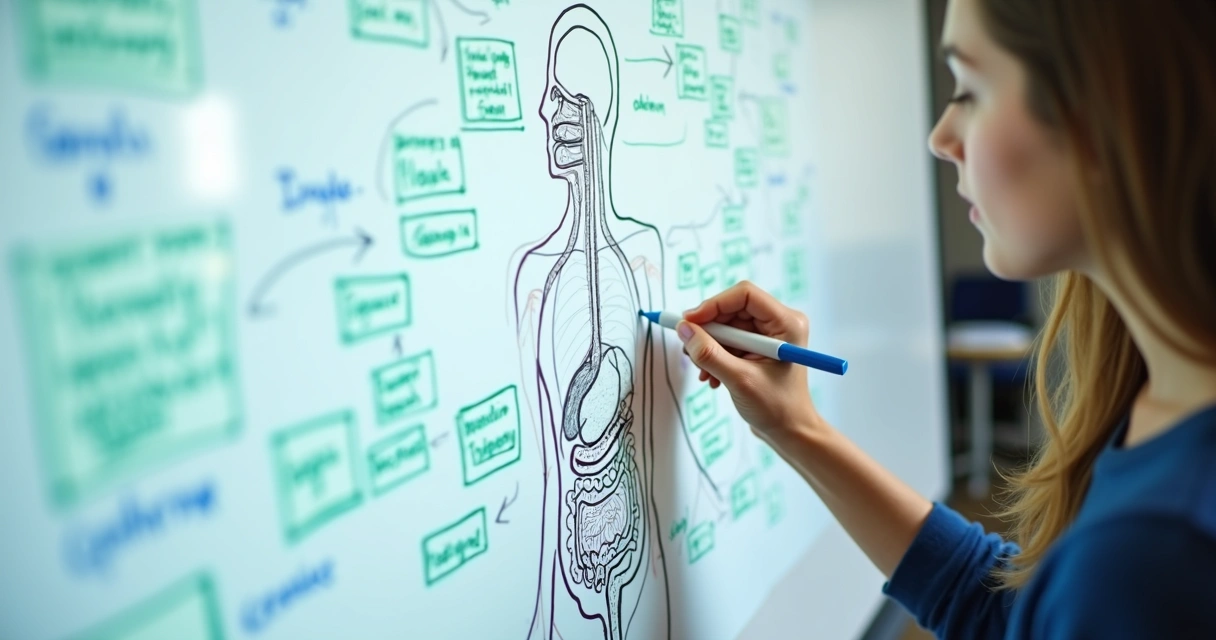 Mapa de conceitos de biologia desenhado em quadro branco