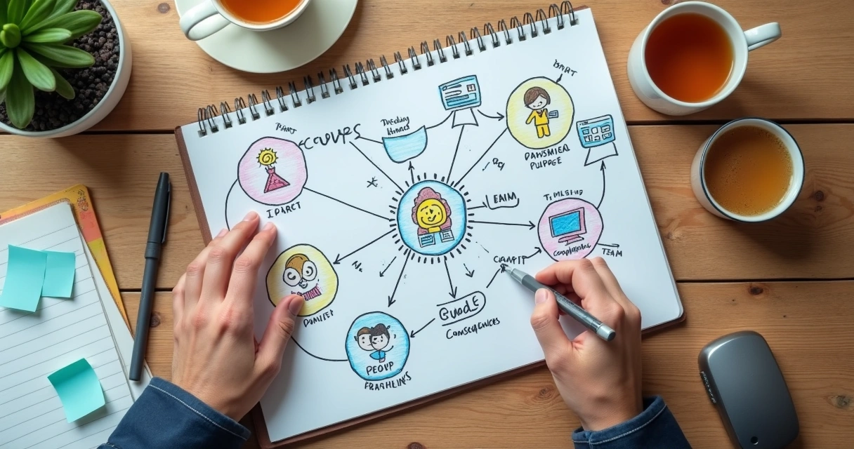 Mãos sobre mesa com anotações e mapa visual de conexões