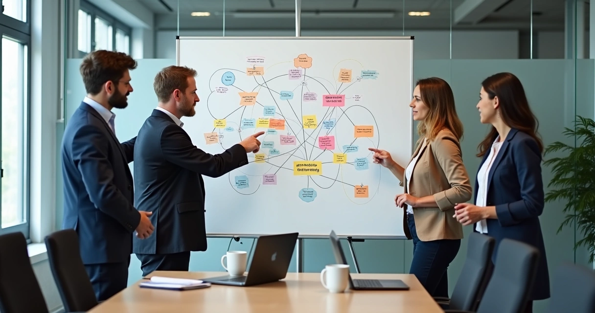 Quadro com conexões entre pessoas da equipe em reunião 