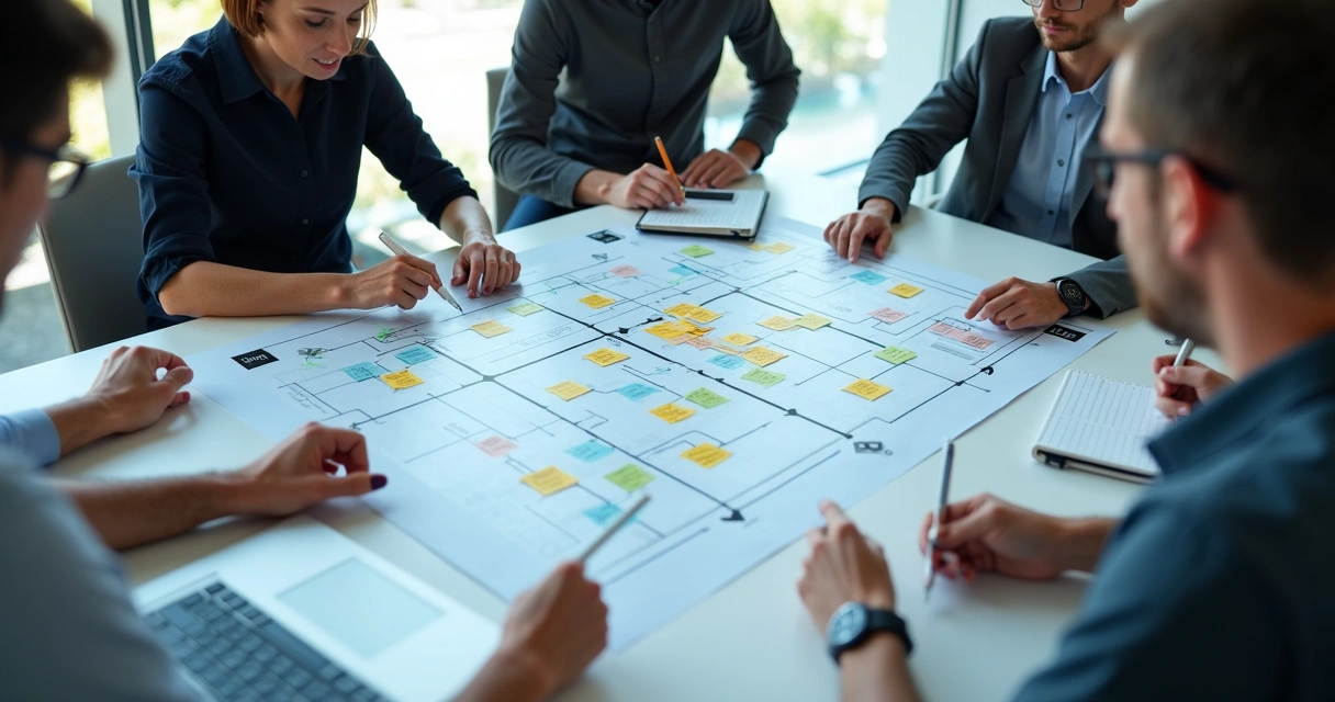 Mapa visual de conexões entre equipe, metas e processos