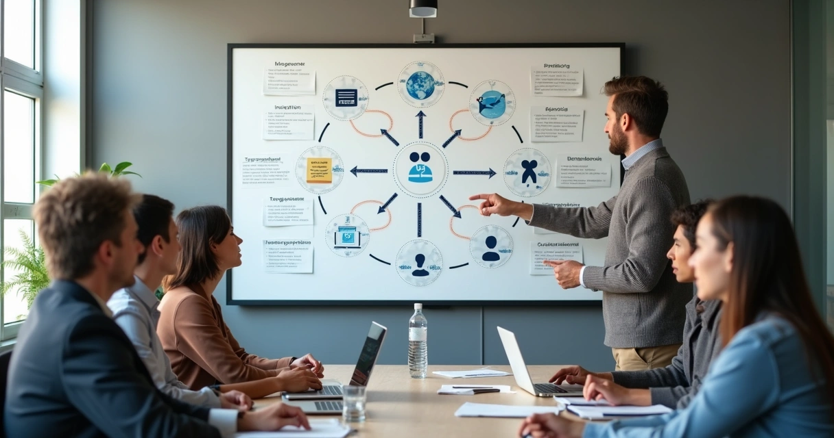 Equipe observando mapa de conexões e fluxos em painel corporativo 