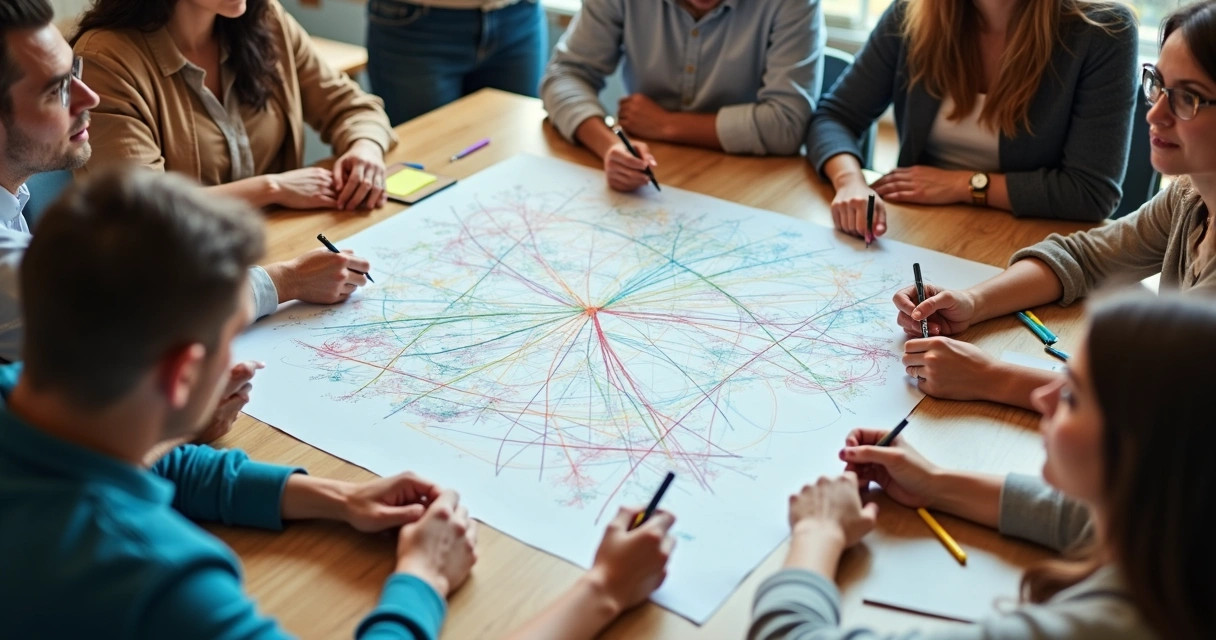 Equipe reunida em círculo ao redor de grande folha desenhando conexões entre cores e setores 
