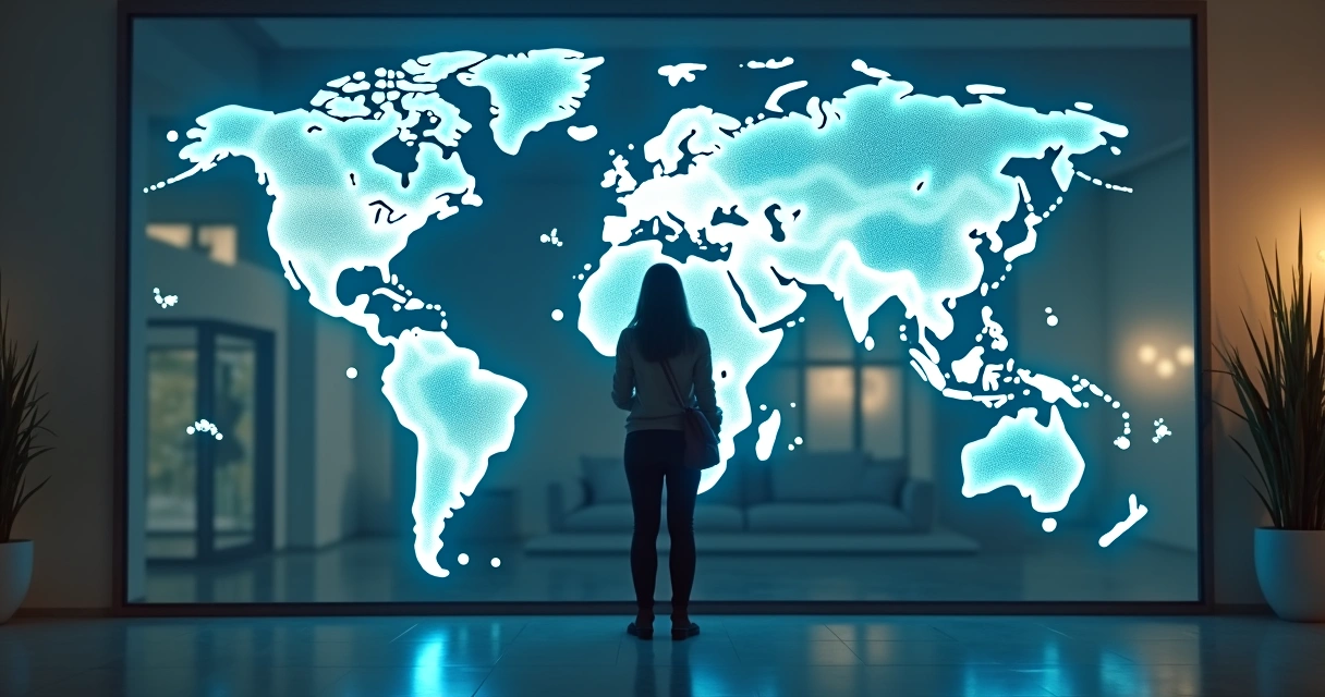 Pessoa observando mapa digital com conexões globais 