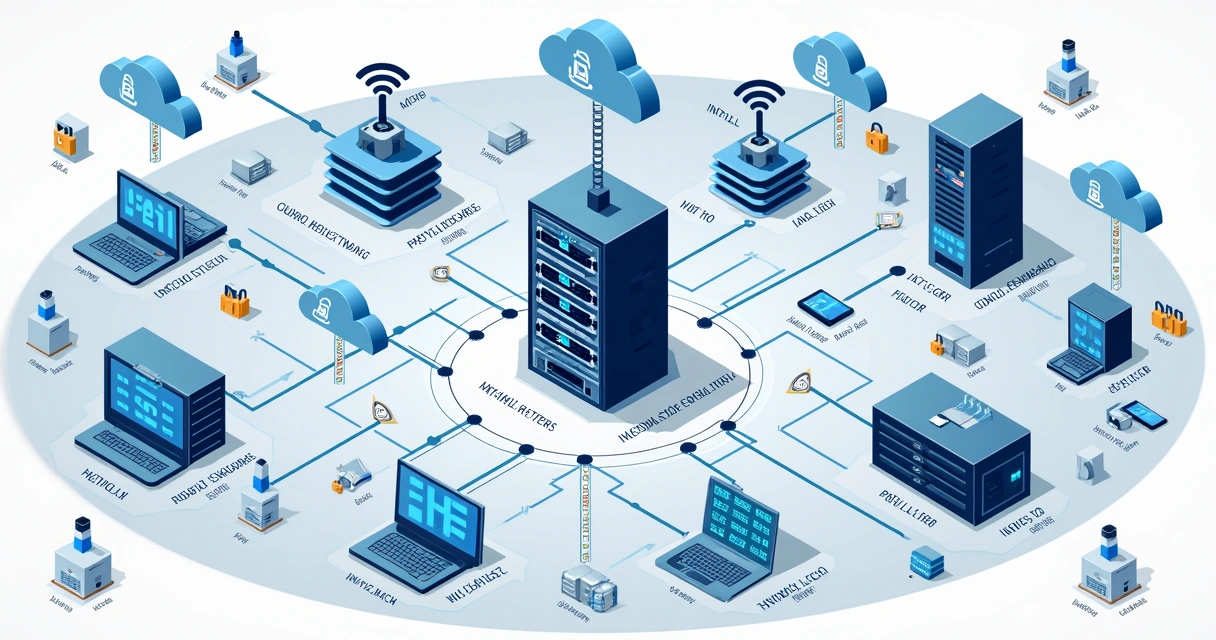 Diagrama de conexões de rede em ambiente híbrido com servidores, nuvem, dispositivos móveis e appliances 
