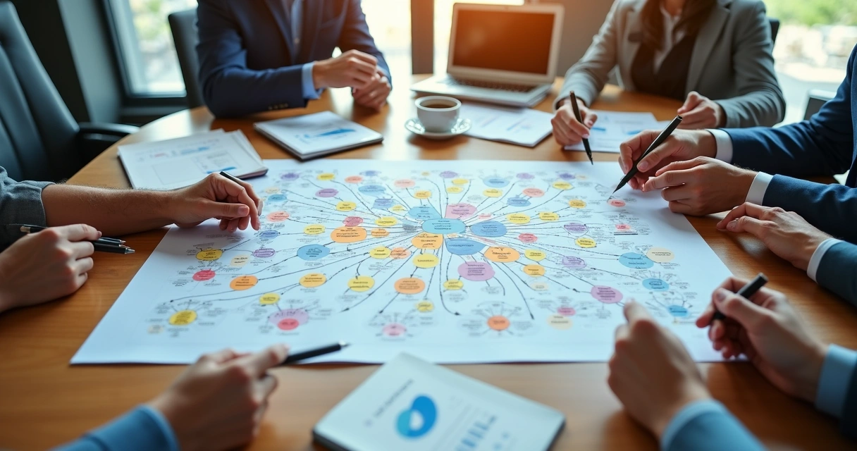 Mapa visual detalhado de conflitos em uma mesa de reunião corporativa com anotações e diagramas coloridos 