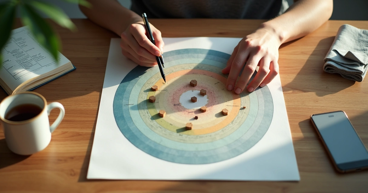 Mãos reorganizando peças coloridas sobre mapa circular de consciência em mesa de trabalho 
