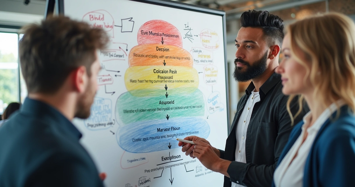 Colaboradores analisando um mapa colorido em um quadro branco em sala de reunião. 