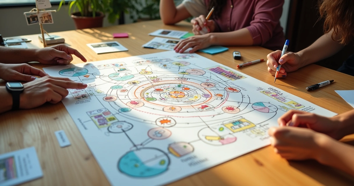 Mesa com mapa colorido de projeto social interligando pessoas e comunidade 