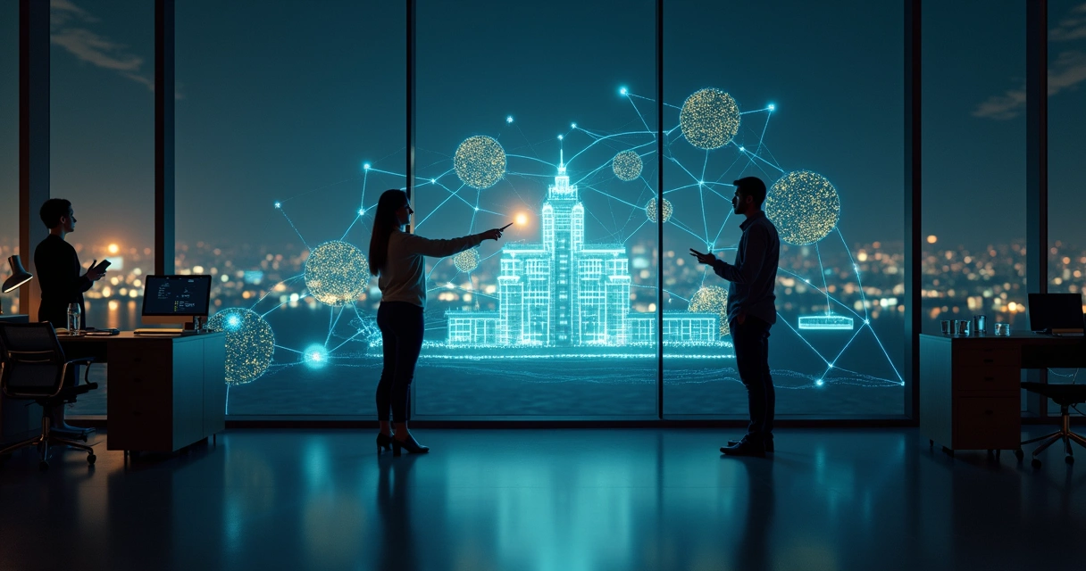 Ejecutiva señalando mapa luminoso de constelación empresarial en pantalla oscura 