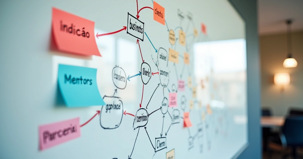 Mapa visual de contatos estratégicos desenhado em quadro branco, com linhas ligando clientes, parceiros e mentores