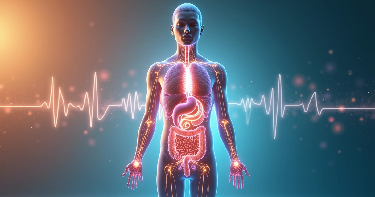 Silhueta humana com pontos de luz coloridos conectando emoções ao corpo 