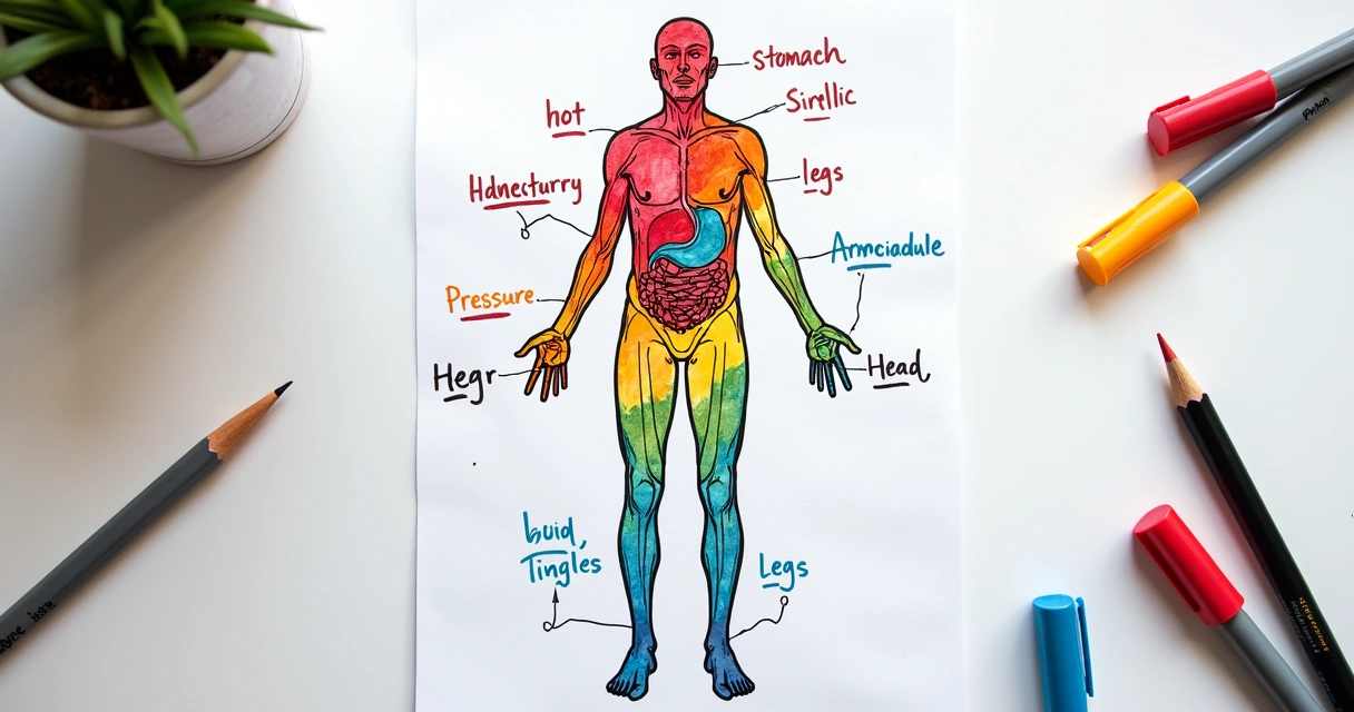 Mapa corporal con zonas marcadas y colores variados para sensaciones 