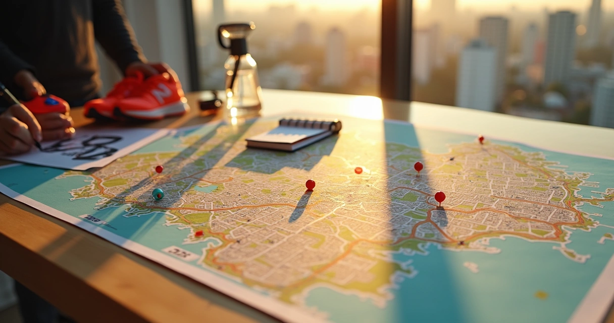 Vista aérea de corredor marcando calendário de corridas em mapa de São Paulo 