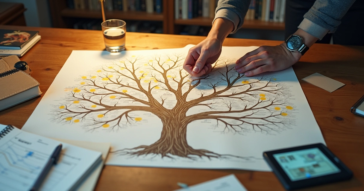 Persona analizando árbol genealógico sobre una mesa con símbolos de creencias 