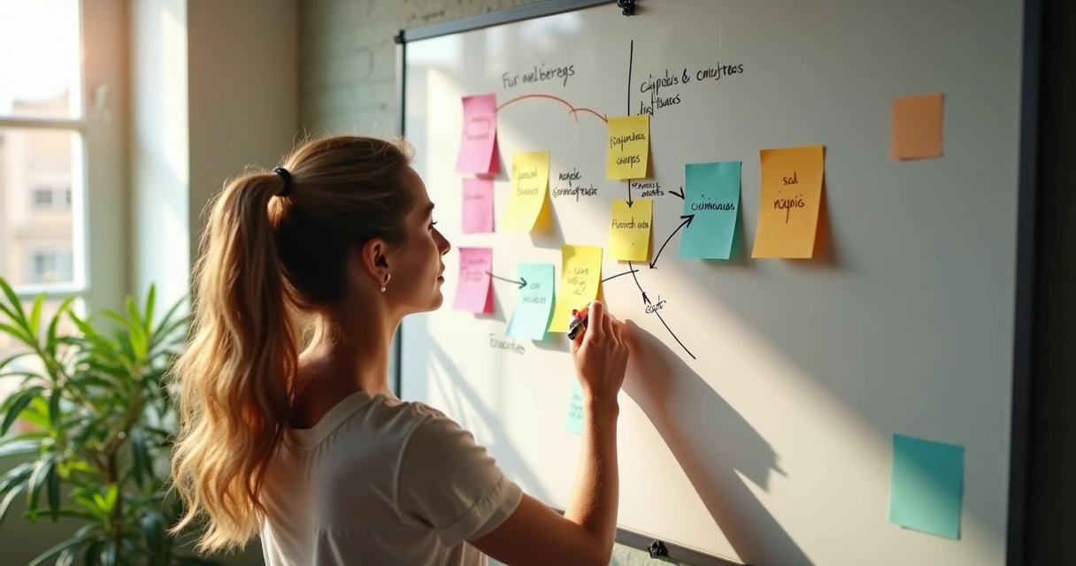 Mapa mental com post-its coloridos mostrando diferentes crenças limitantes conectadas por setas.