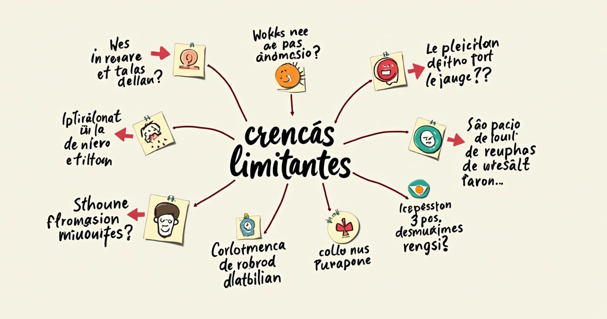 Mapa mental de perguntas sobre crenças limitantes desenhado em fundo claro 