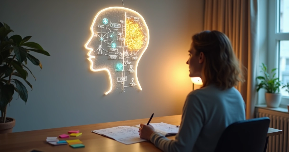 Pessoa observando mapa mental colorido representando crenças limitantes e novas possibilidades 