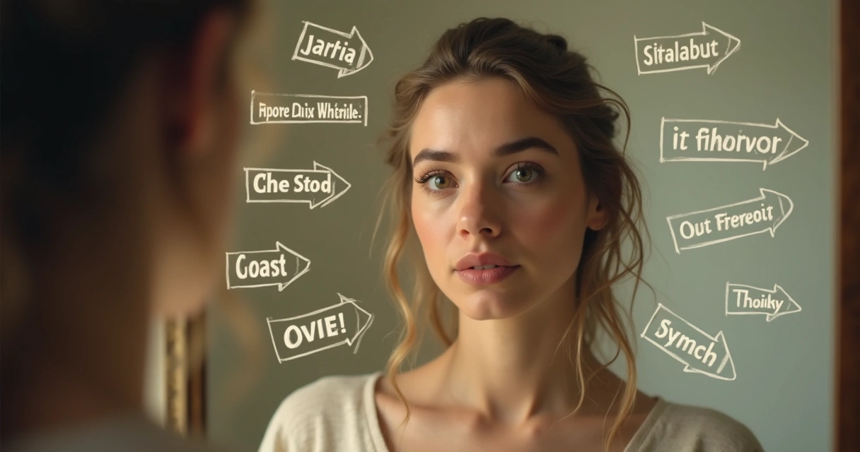 Pessoa diante de um espelho rodeado de palavras e setas que representam crenças e ideias