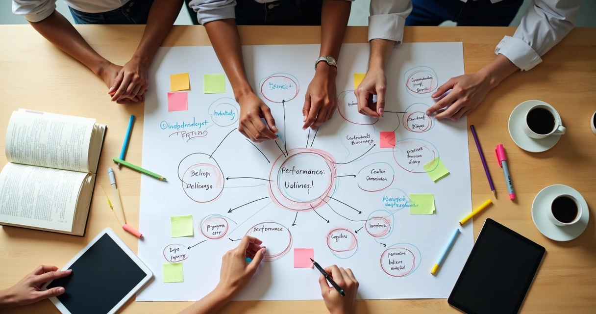Mapa mental colorido em mesa de equipe representando crenças sistêmicas de trabalho 