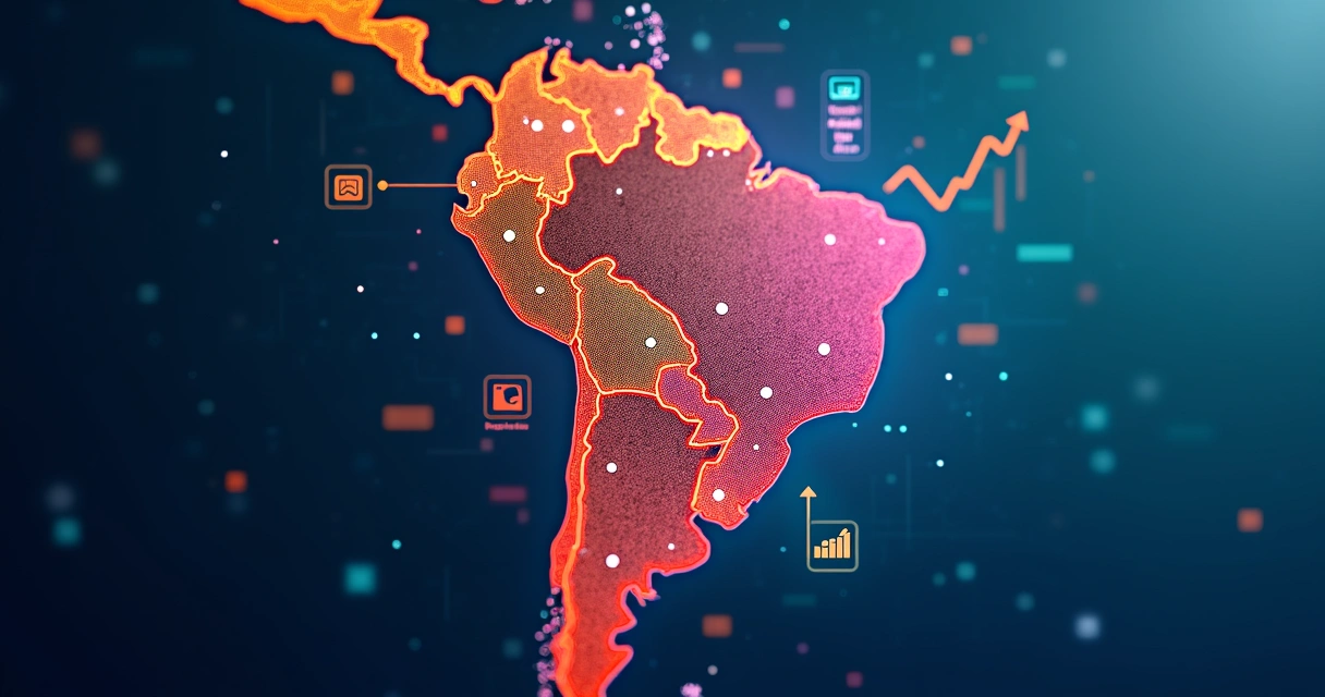 Mapa do Brasil com ícones representando crescimento de fintechs nas regiões Sudeste e Nordeste 