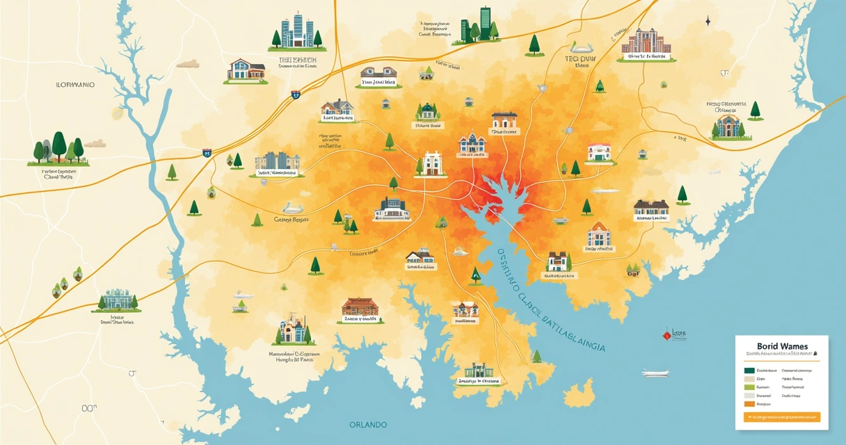 Detailed map showing the population growth of Orlando and the location of the main vacation home condominiums