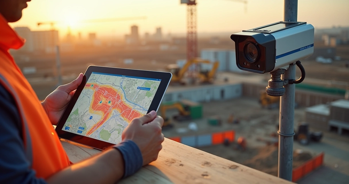 Construtora analisando mapa crítico de obra em tablet ao lado de câmera PTZ solar 