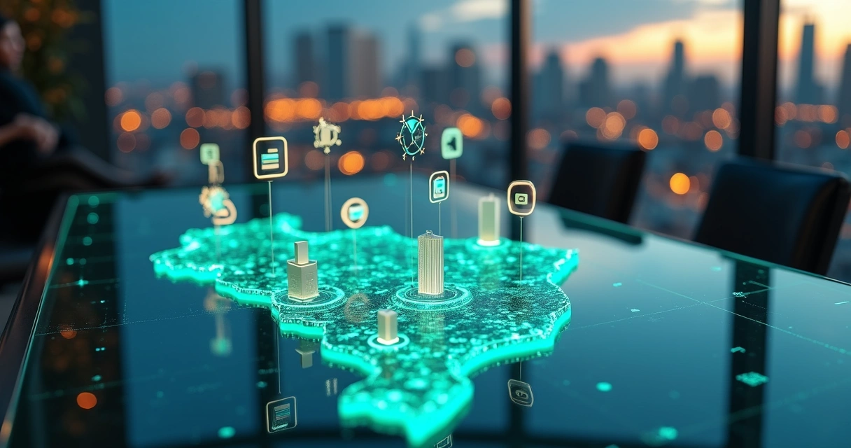 Map of Brazil viewed from above with CRM icons connecting small and medium enterprises