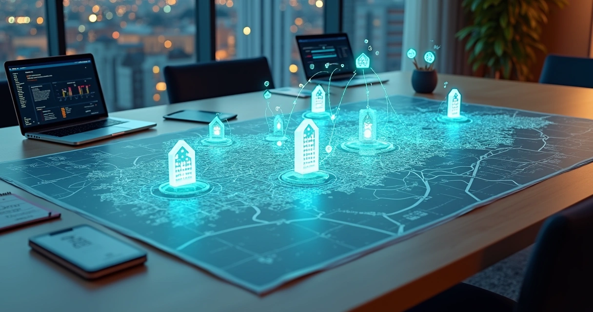 Mesa com mapa da cidade destacando conexões digitais de CRM imobiliário 