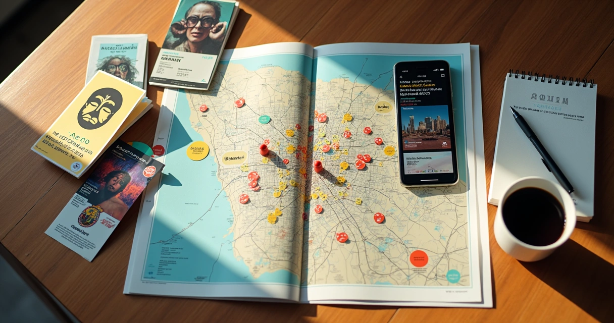 Mesa com mapa de Rio Preto e panfletos de eventos culturais organizados 