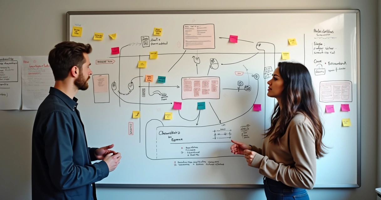 Mapa de jornada do usuário desenhado em quadro branco 