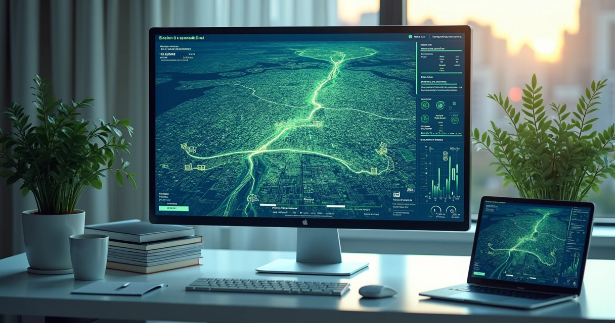 Mapa digital de bairro com gráficos e marcadores urbanos