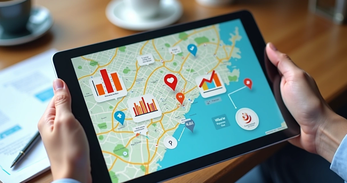 Mapa digital com sobreposição de gráficos de engajamento digital