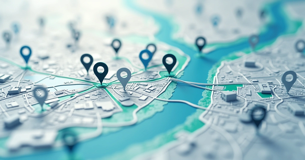 Mapa com pontos de localização de empresas e áreas destacadas