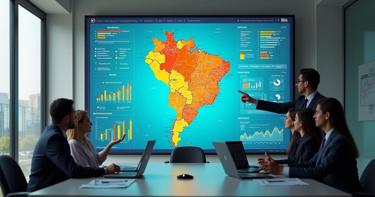 Mapa do Brasil com camadas de dados regionais e pontos de negócio 