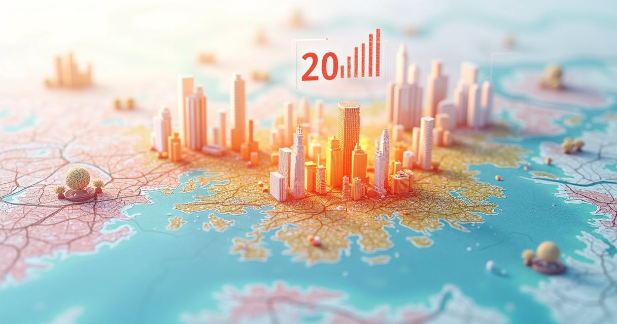 Mapa com destaque em áreas comerciais e dados sobre população e fluxo de pessoas para geomarketing