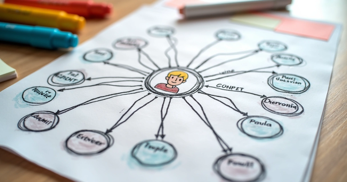 Mapa de relações sistêmicas desenhado à mão, com círculos conectados por linhas, nomes e emoções escritos