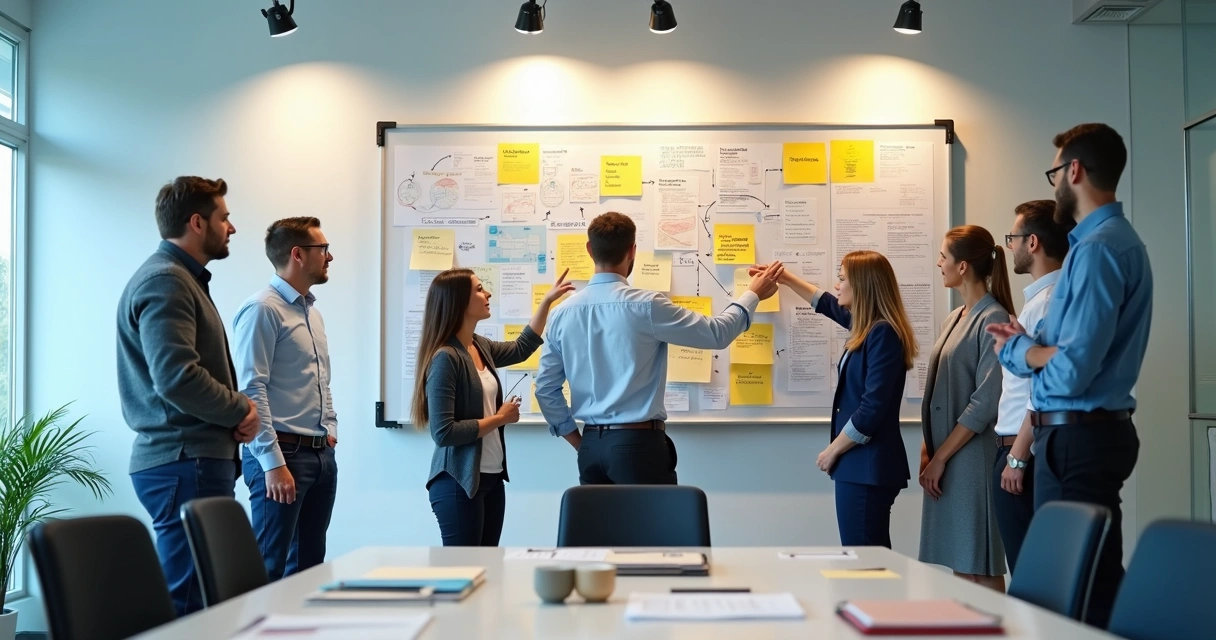 Mural com fluxos de comunicação entre equipes no escritório 