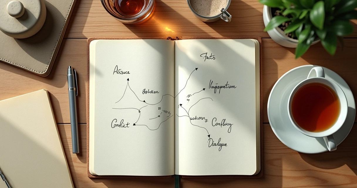Caderno com anotações sobre emoções e conflito sobre uma mesa 