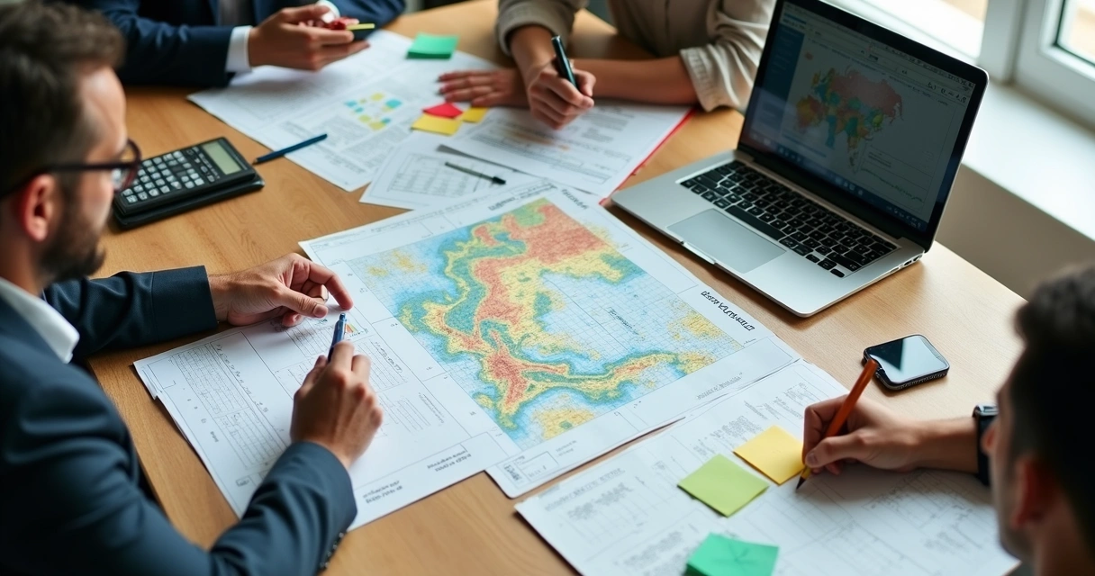 Equipe analisando mapa de riscos em uma mesa de reunião 