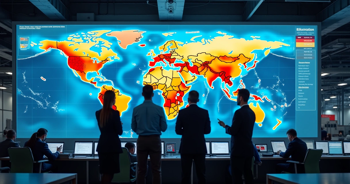 Heatmap de riscos industriais com áreas críticas destacadas em fábrica 