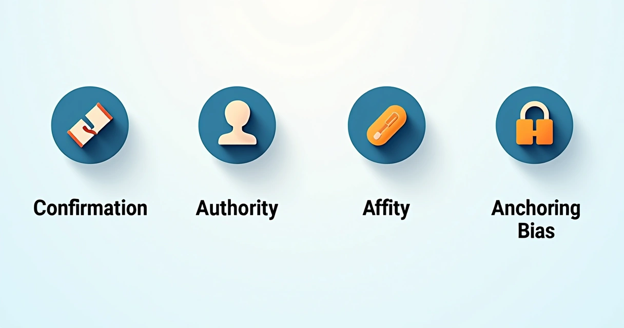 Gráfico colorido de tipos de sesgos mentales con íconos representativos. 