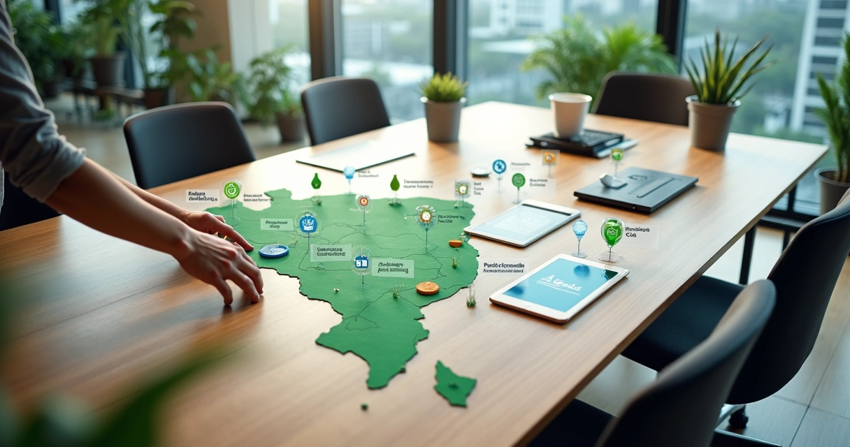 Mapa ilustrado com ícones de reciclagem e escolhas de projetos sustentáveis 