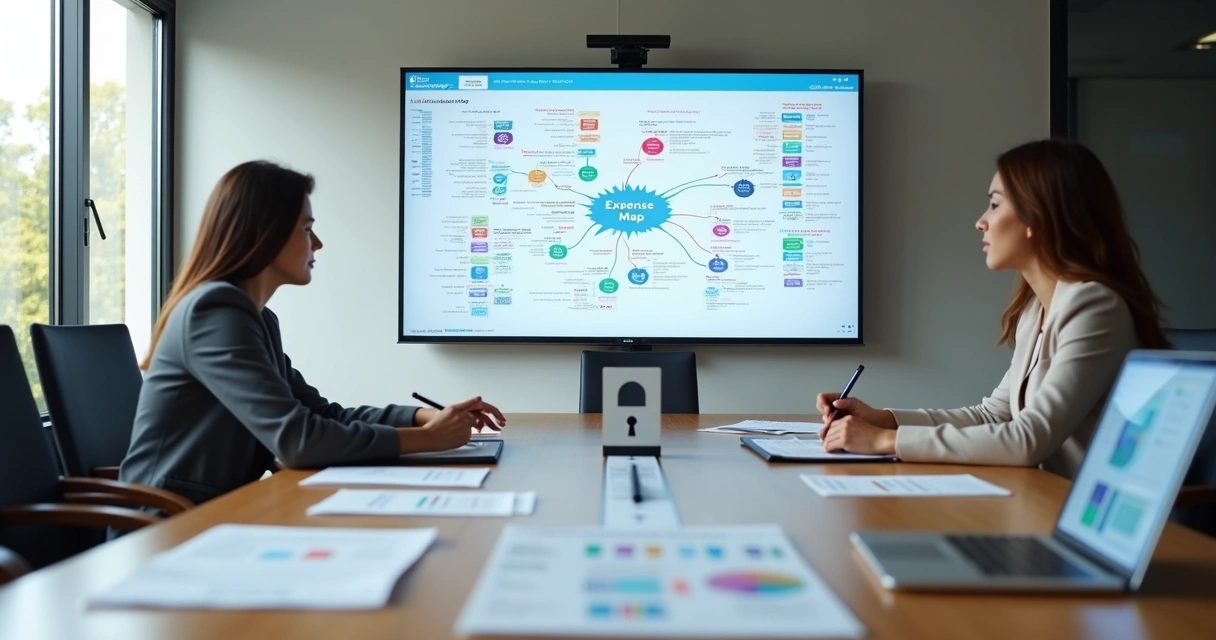 Gestor analisando mapa visual de categorias de despesas empresariais com destaque para segurança de dados 