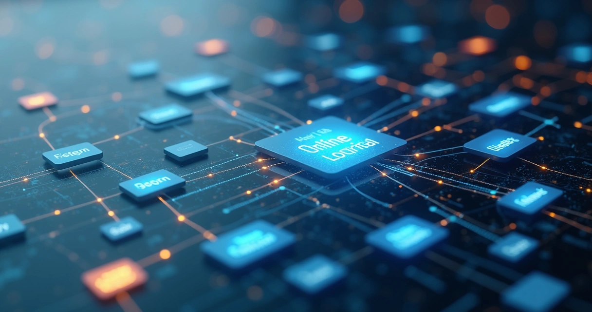Mapa digital com blocos conectados representando tópicos de conteúdo online 