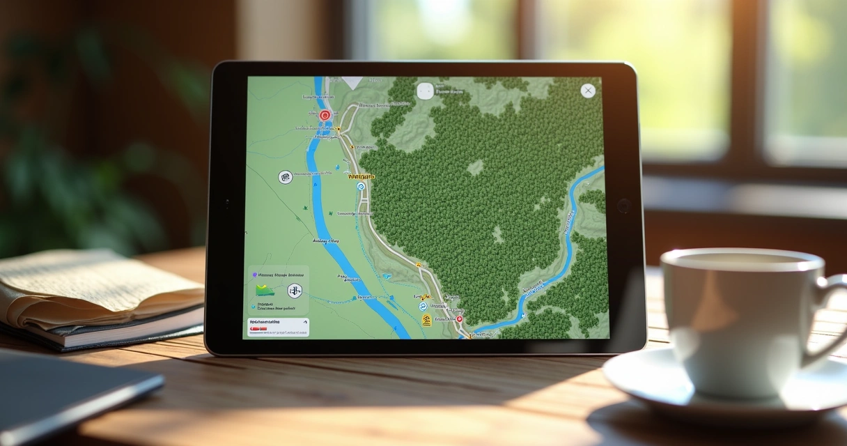 Mapa digital destacando uma região de mata com um vilarejo e estradas pequenas 